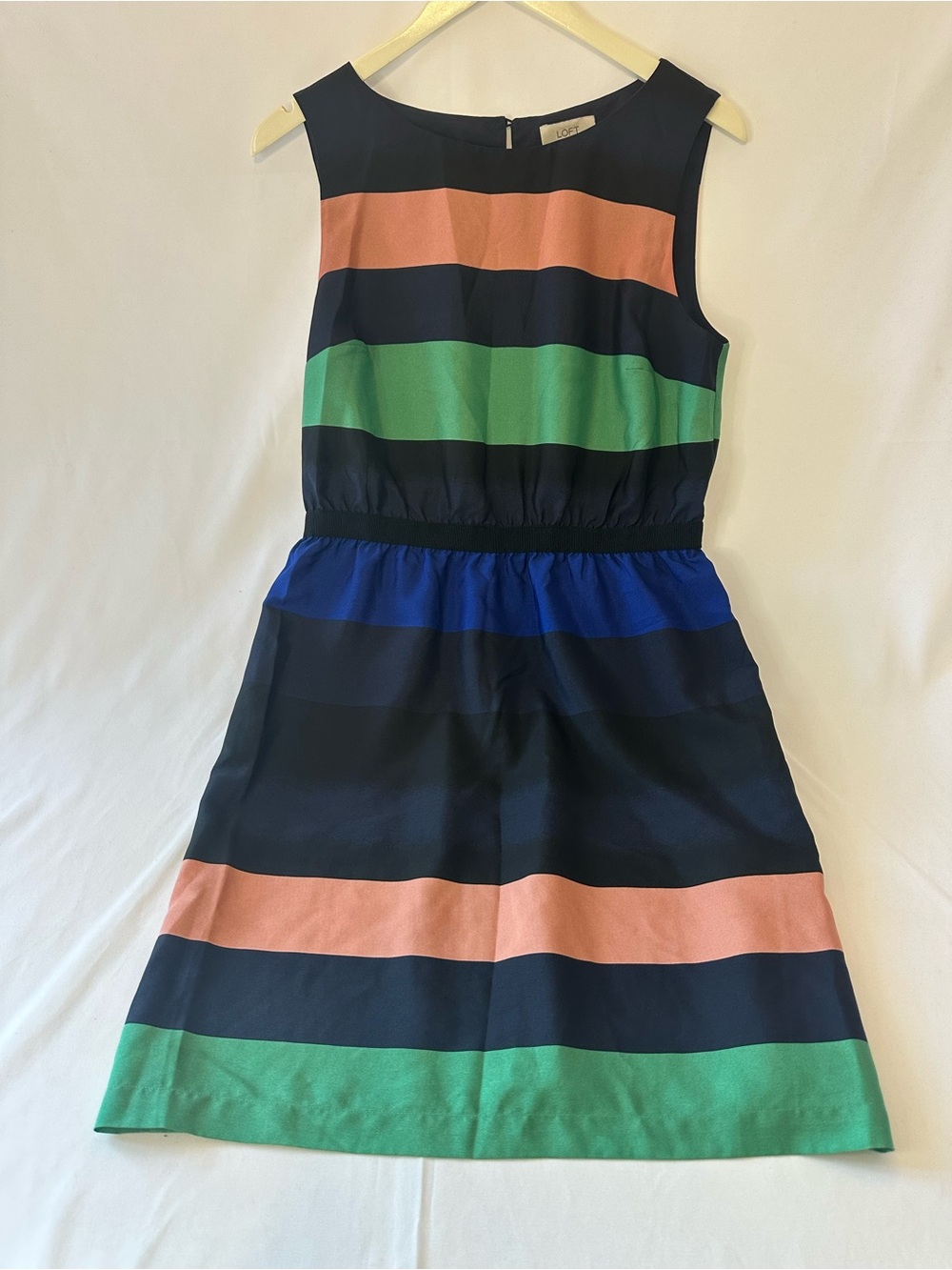 LOFT Navy Midi Dress with Pink, Green & Blue Stripes
